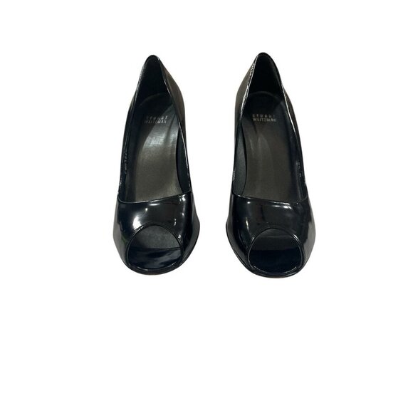 Stuart Weitzman Peep Toe Block Heel Size 8.5 M Black Patent Leather - Picture 1 of 8